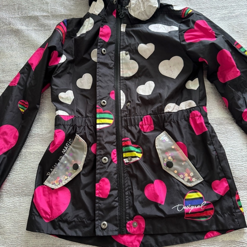 Desigual Kids Heart Raincoat - Black and Pink, Size 9/10 - Picture 3 of 11